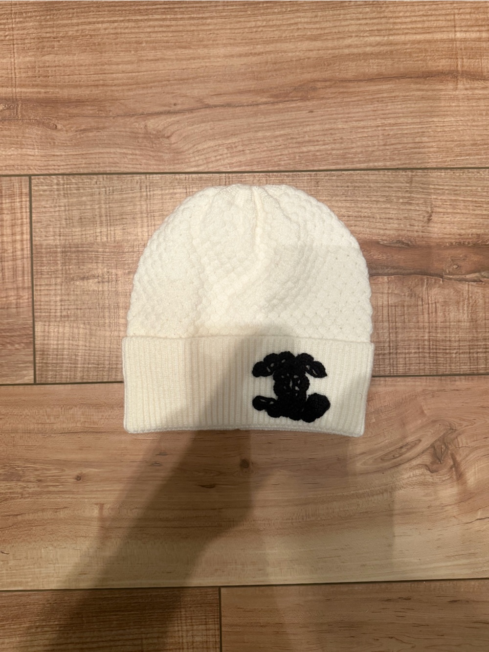 CHANEL White Knit Beanie with Black CC Logo